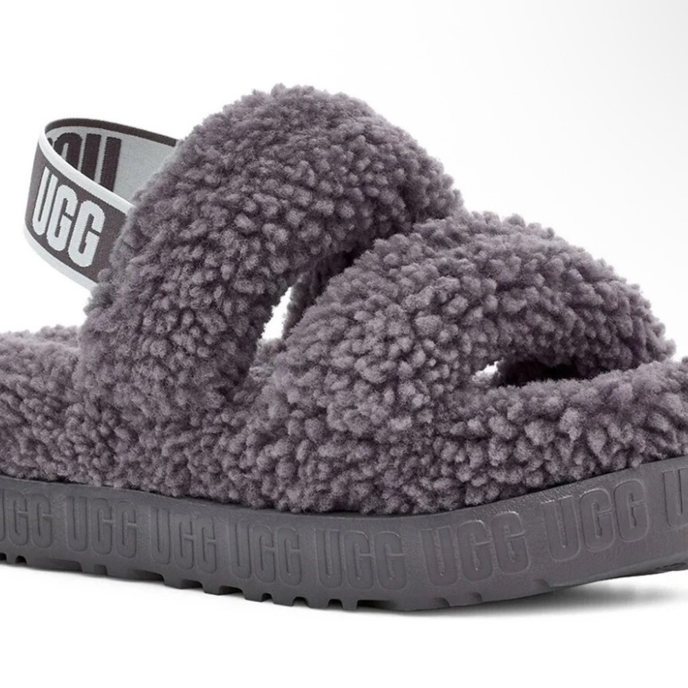 UGG Charcoal Fluffy Slippers 5/6 Shoe Sz
